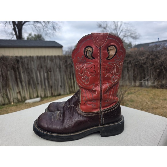 Ariat Brown Red Leather Cowboy Western Boots Women's Square Toe 5B - Picture 5 of 11